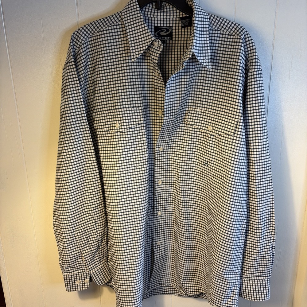Roper Men's L Button Front Shirt Black White Gingham Check Cotton